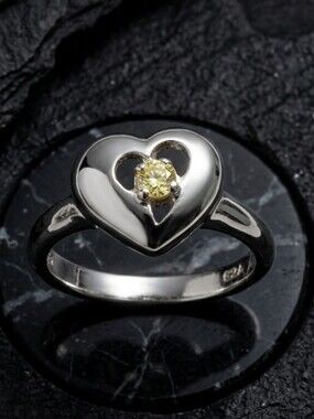 Sterling Silver Heart Ring with Light Yellow Stone size 7